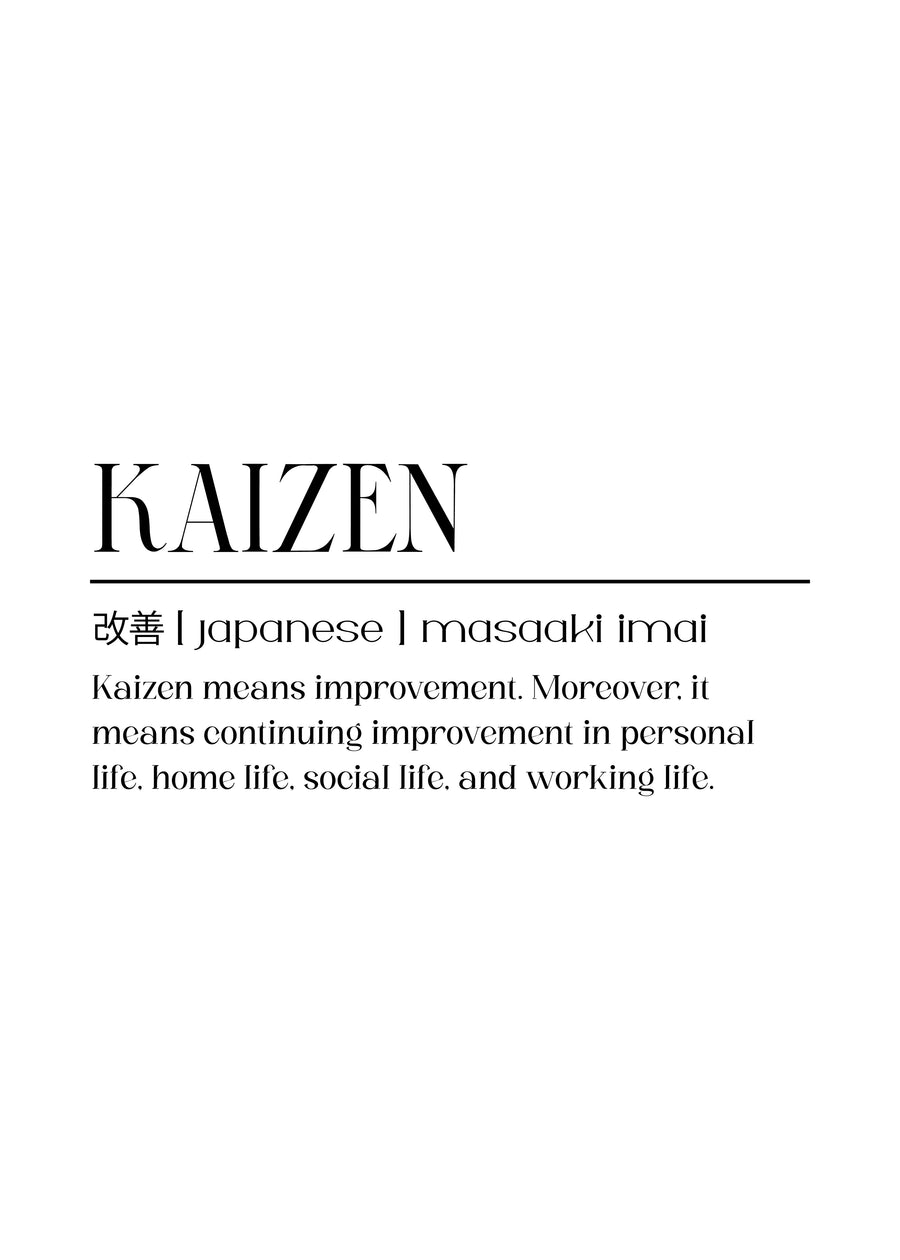 Kaizen – Definition - kAIZEN, set out as a dictionary entry: 改善 | japanese | masaaki imai, on a metal wall art plate