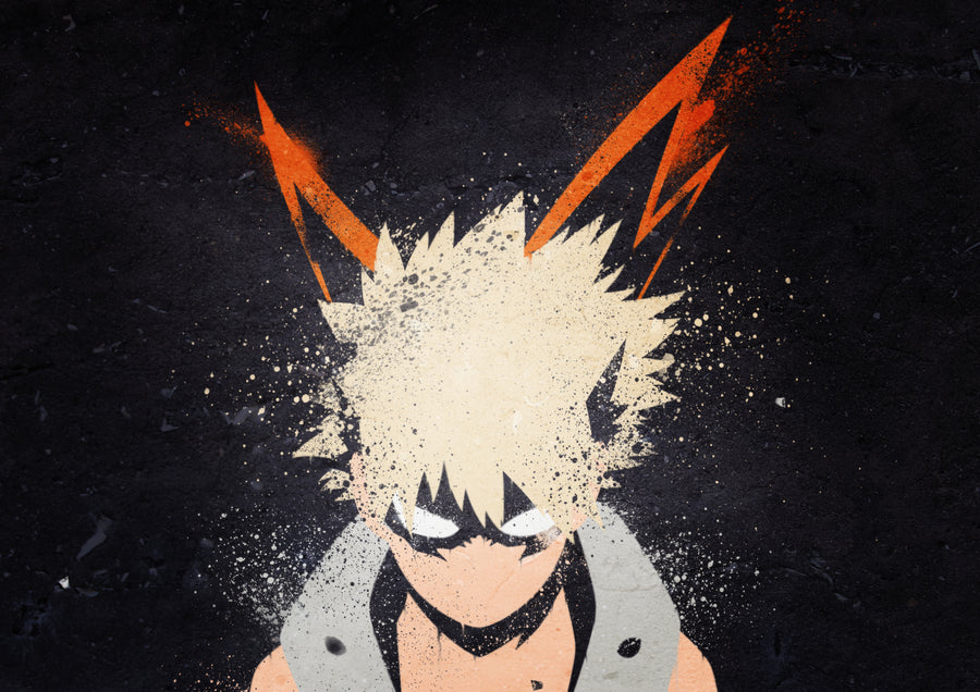 Katsuki Bakugo – In Black - bakugo head down in near darkness, two sparks flaring above him, on a metal wall art plate