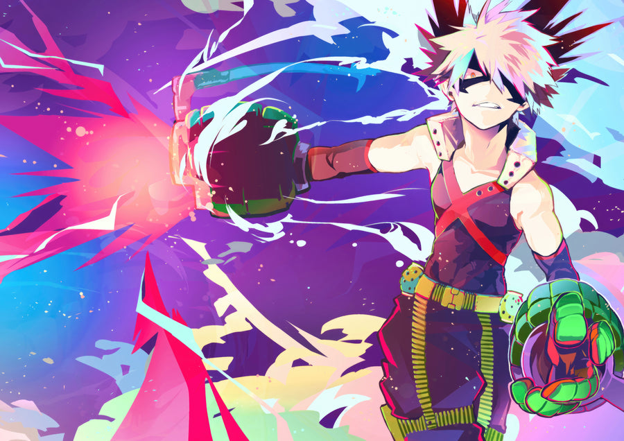 Katsuki Bakugo – In Violet - bakugo in neon pinks and purples, gauntlets up, on a metal wall art plate