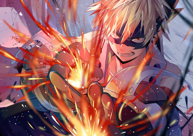 Katsuki Bakugo – Portrait - bakugo detonating a blast, sparks thrown across the frame, on a metal wall art plate