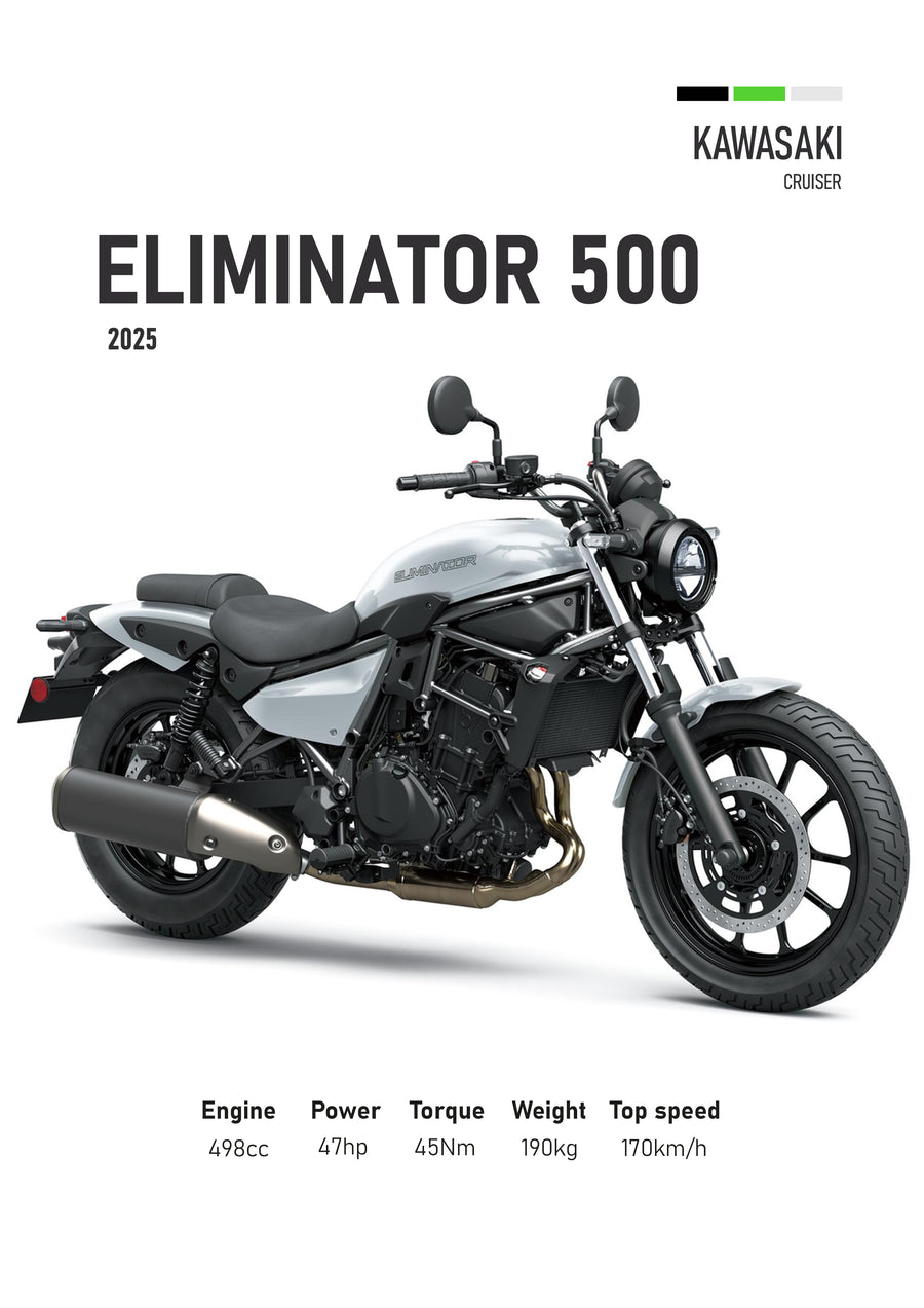 Kawasaki Eliminator 500 – 2025 - the 2025 Kawasaki Eliminator 500 in silver, drawn in profile against a clean white ground with, on a metal wall art plate