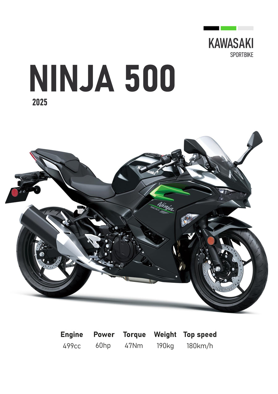 Kawasaki Ninja 500 – 2025 - the 2025 Kawasaki Ninja 500 in black, drawn in profile against a clean white ground with the, on a metal wall art plate