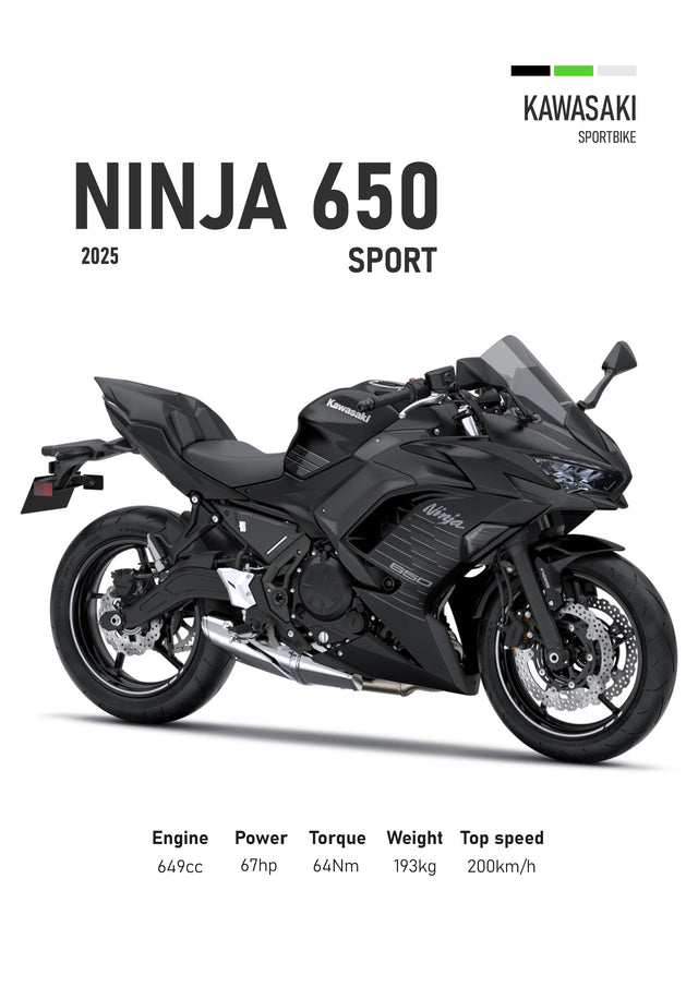 Kawasaki Ninja 650 – Sport - the 2025 Kawasaki Ninja 650 in black, drawn in profile against a clean white ground with the, on a metal wall art plate