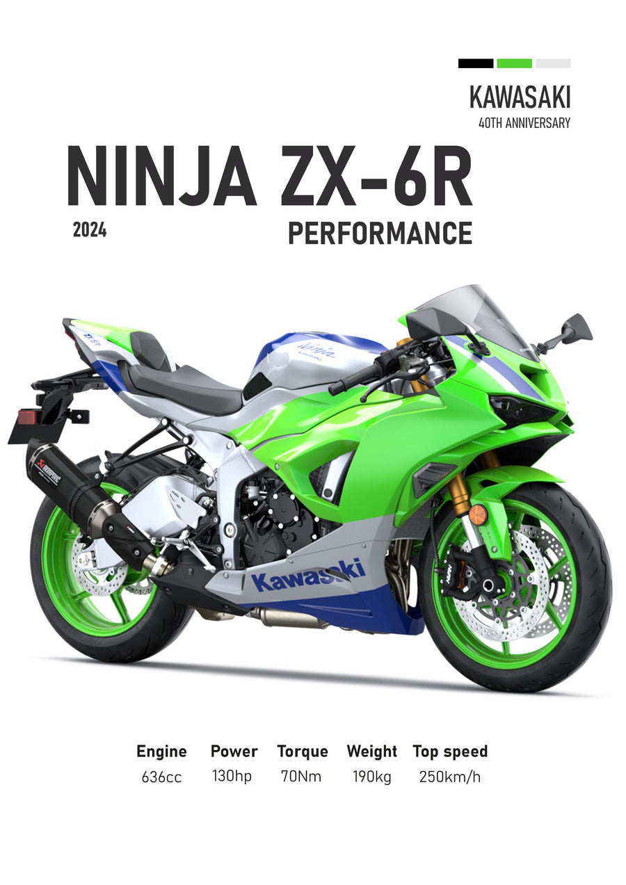Kawasaki Ninja ZX-6R – Performance - the 2024 Kawasaki Ninja ZX-6R in 40th Anniversary green and blue, drawn in profile against a, on a metal wall art plate
