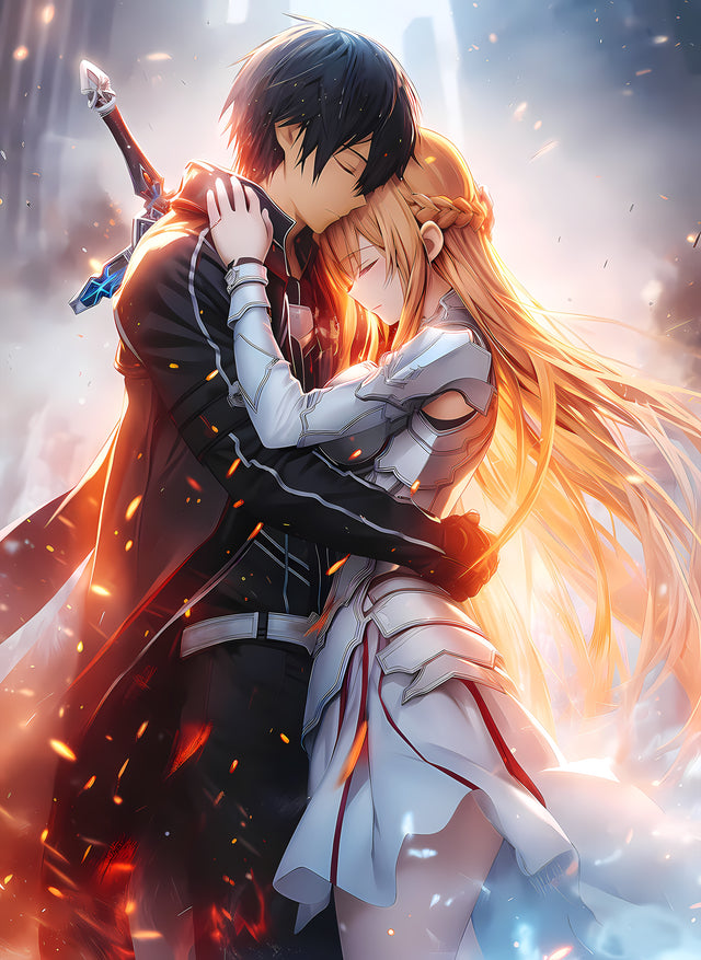Kirito and Asuna – Portrait - the two of them holding each other in falling light, on a metal wall art plate