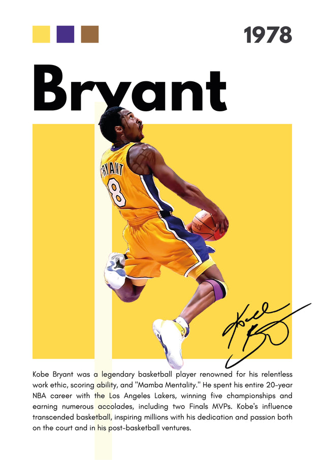 Kobe Bryant – Career Poster - the drive in gold against flat yellow, name set across the top and the career beneath, on a metal wall art plate