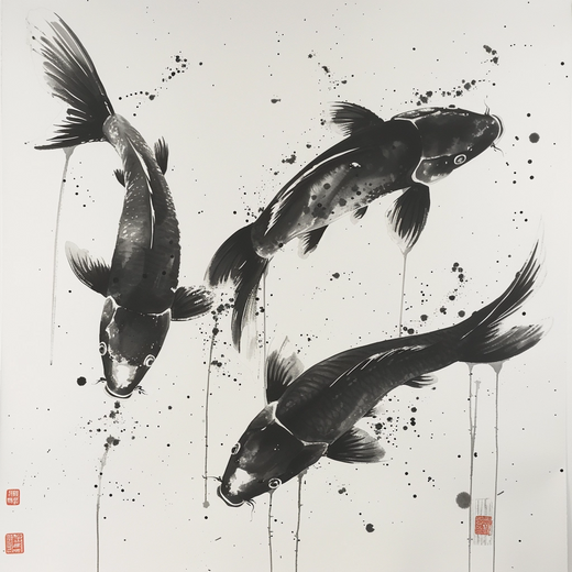 Koi Ink Study - three koi fish move through a field of black ink splashes and delicate brush marks, on a metal wall art plate