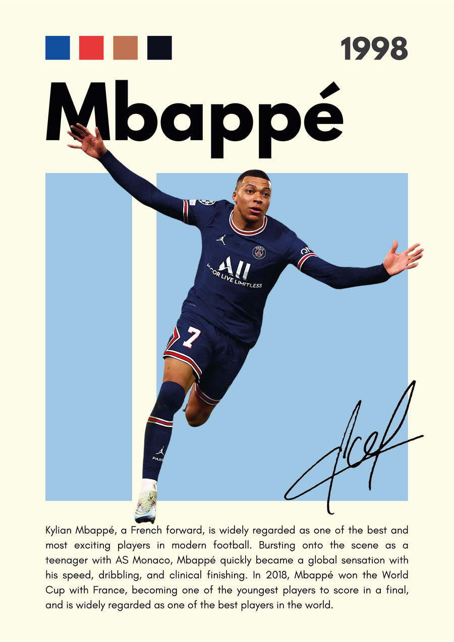 Kylian Mbappé – Career Poster - the forward mid-stride in the navy number seven, name set large above and a short career note, on a metal wall art plate