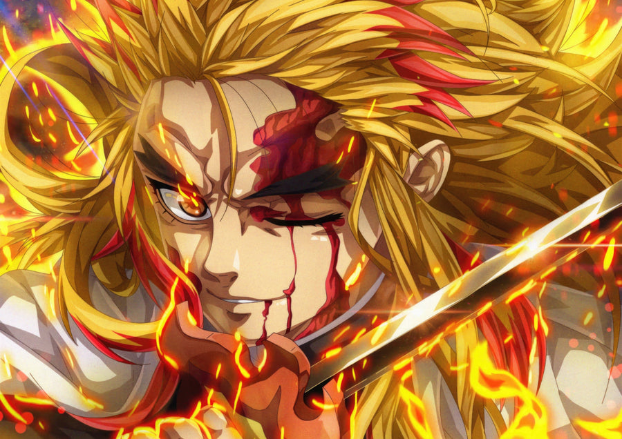 Kyojuro Rengoku – In Flame - rengoku mid-fight in a storm of gold flame, on a metal wall art plate
