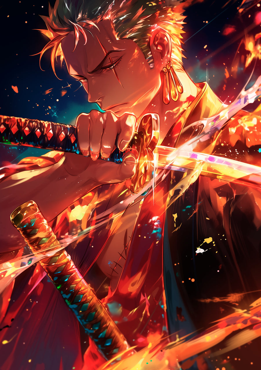 Kyojuro Rengoku – In Orange - a swordsman drawing two blades through orange firelight, on a metal wall art plate
