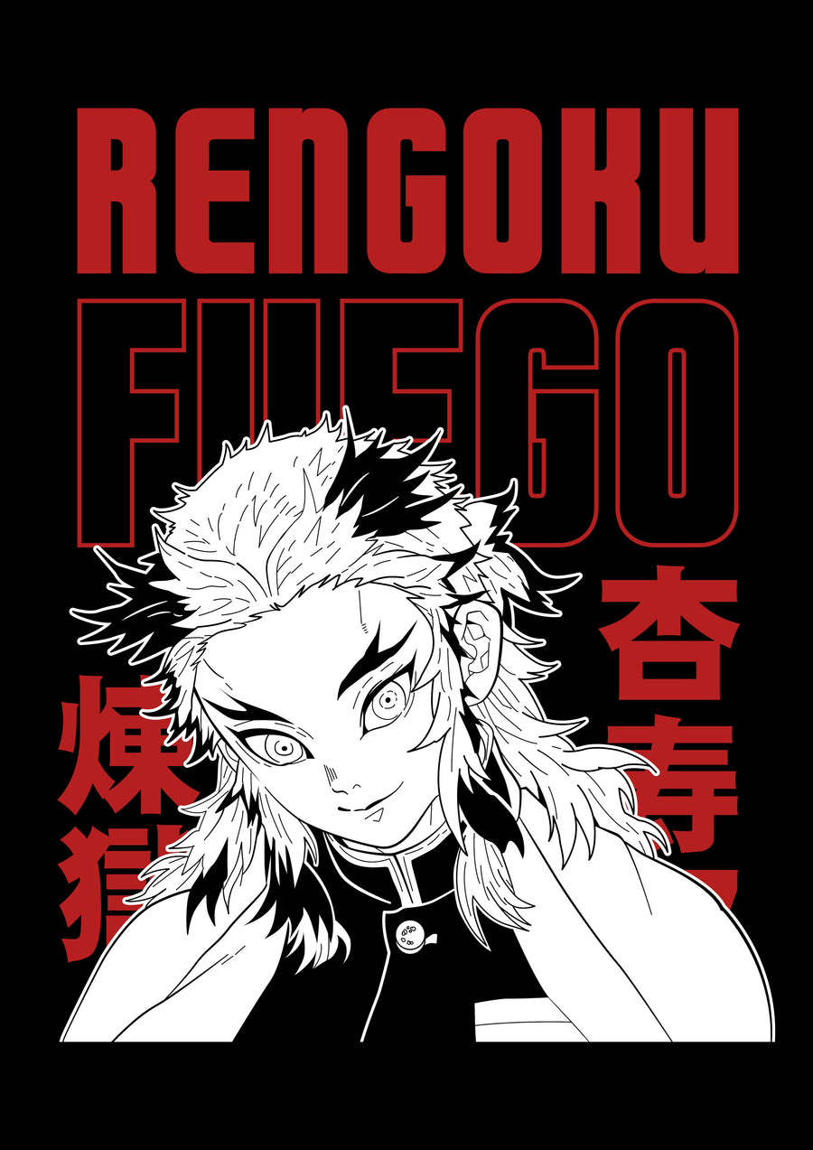 Kyojuro Rengoku – In Red - rengoku in heavy black line on white, his name set in red above him, on a metal wall art plate