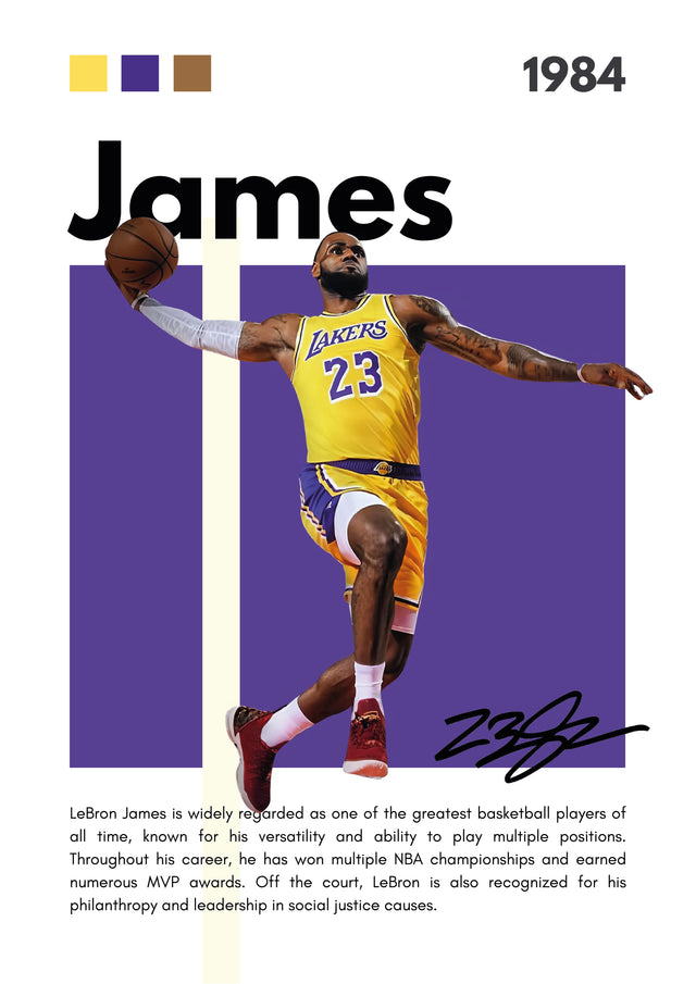 LeBron James – Career Poster - the drive to the rim in gold and purple, name set across the top and the career note underneath, on a metal wall art plate