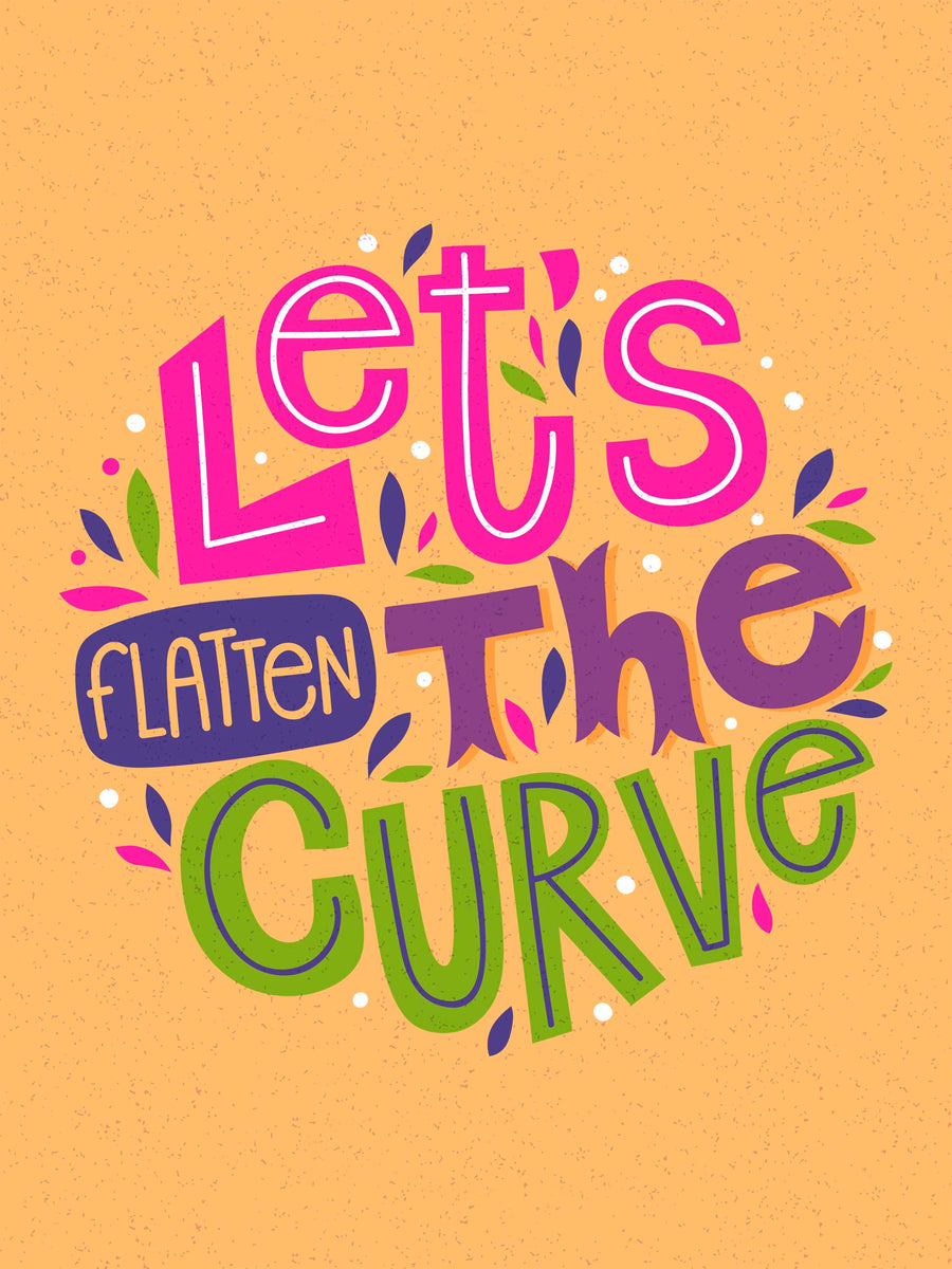 Let's Flatten The Curve - “Let's flatten the curve” in hand-drawn lettering, pink, purple and green on peach — layered, on a metal wall art plate