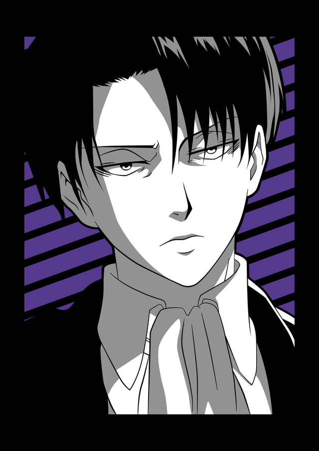 Levi Ackerman – Monochrome - levi in flat monochrome against purple diagonal stripes, on a metal wall art plate