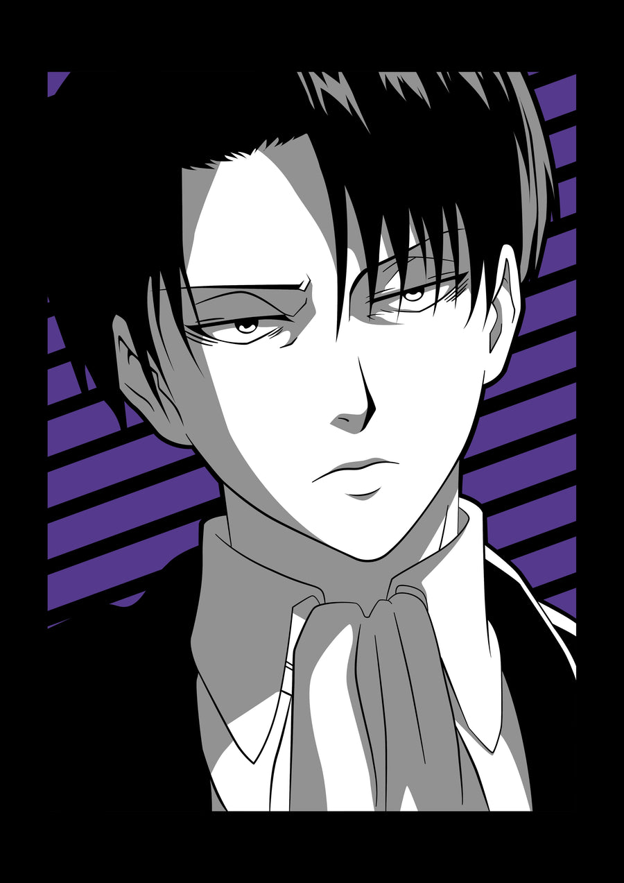 Levi Ackerman – Monochrome - levi in flat monochrome against purple diagonal stripes, on a metal wall art plate