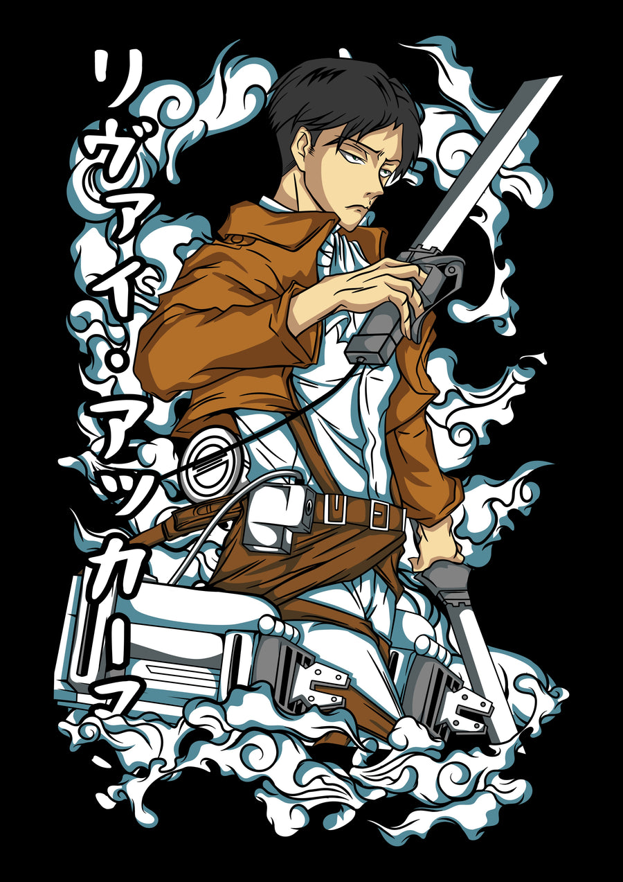 Levi Ackerman – Smoke - levi drawing his blades out of a curl of white smoke, on a metal wall art plate