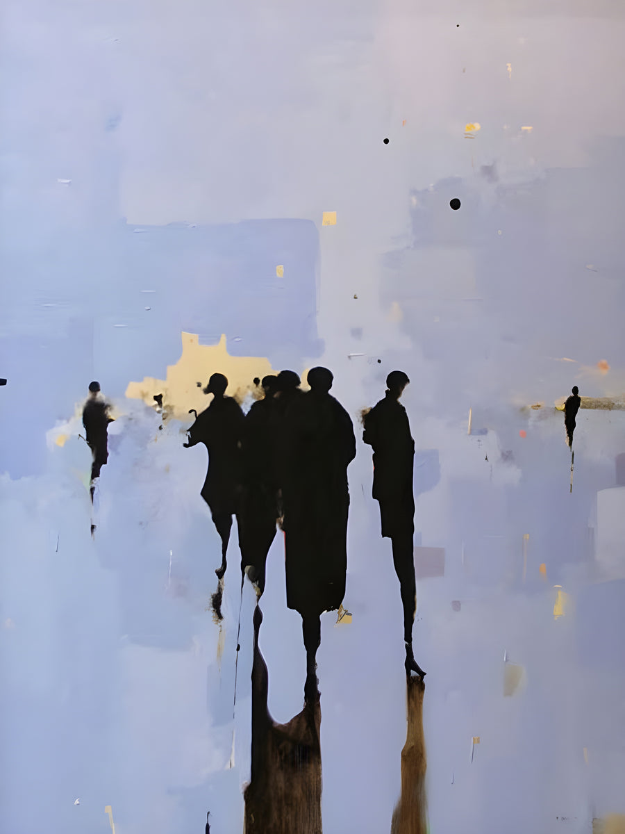 Lilac Crowd - figures walking through lilac mist, painted wet so the edges never resolve, on a metal wall art plate