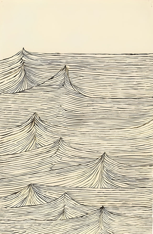 Line Peaks - fine ruled lines lifting into peaks, a landscape drawn with a single tool, on a metal wall art plate
