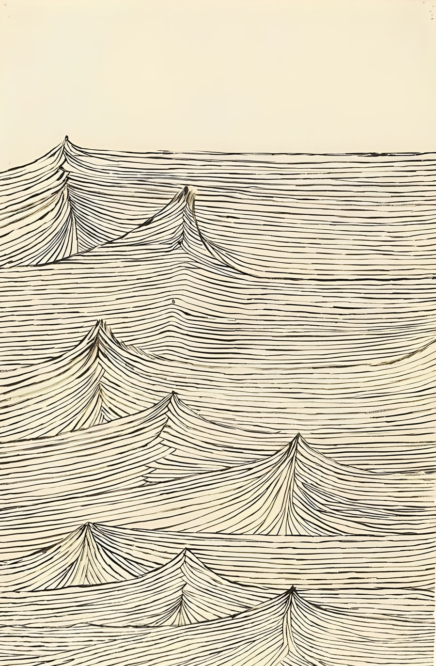 Line Peaks - fine ruled lines lifting into peaks, a landscape drawn with a single tool, on a metal wall art plate