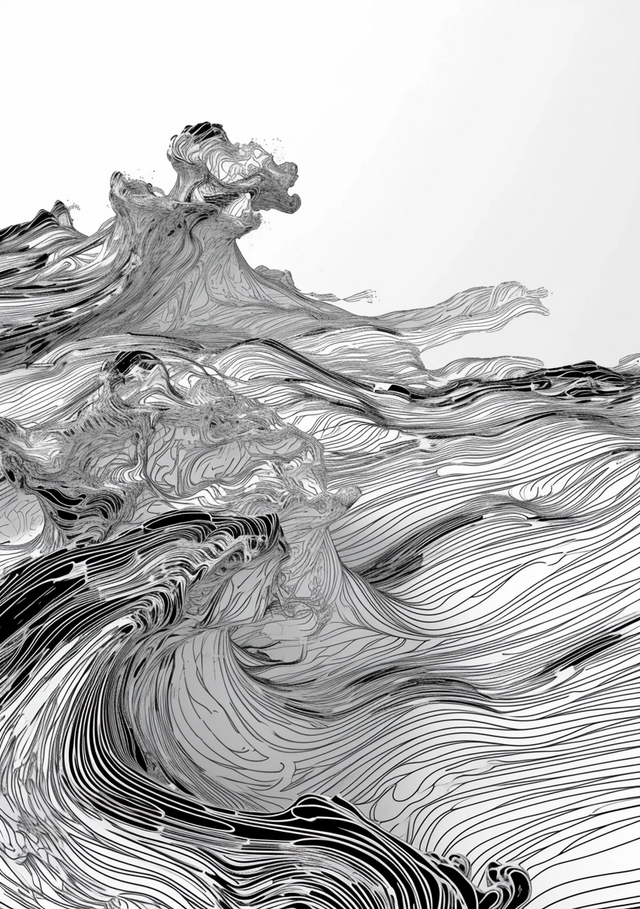 Line Wave - a wave built entirely from fine parallel lines, curling over at the crest, on a metal wall art plate
