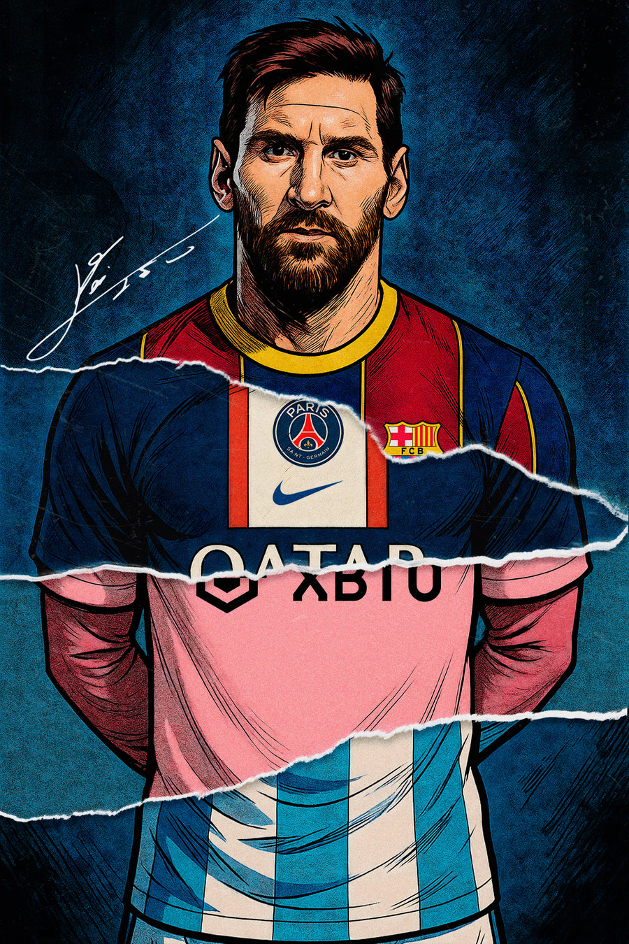 Lionel Messi – Three Shirts - an illustrated portrait with the shirt torn through three ways, club and country beneath each, on a metal wall art plate