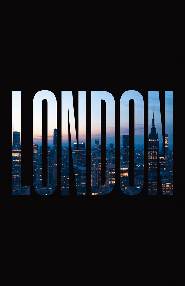 The name LONDON is cut from the night skyline, the city's windows and dusk glowing through every letter