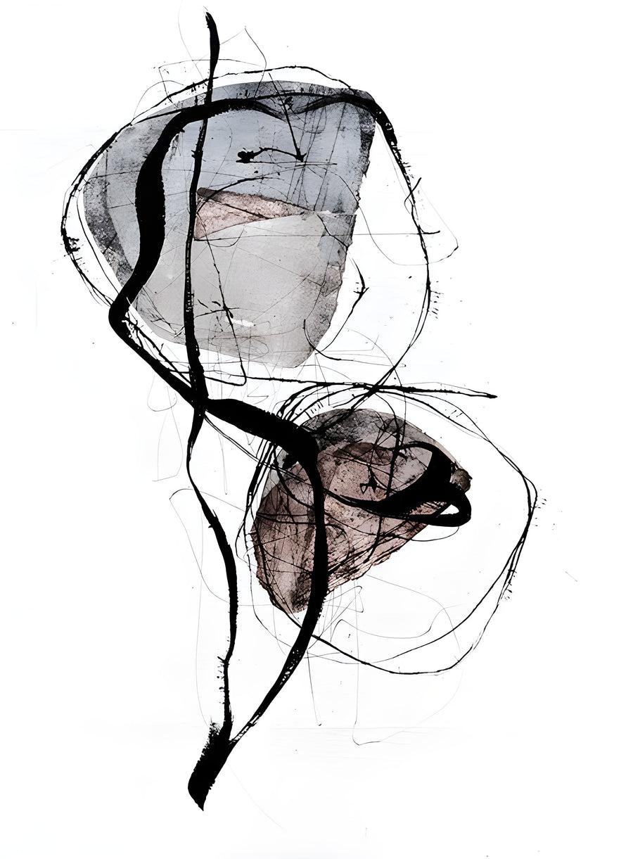 Loop and Wash - a black looping line running through a wash of grey and dusty mauve, on a metal wall art plate