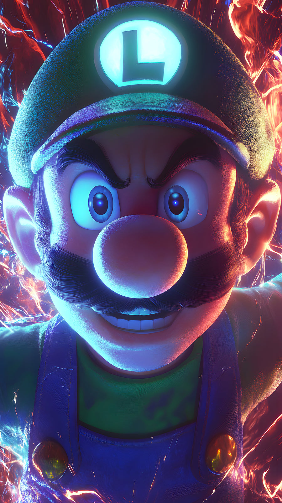 Luigi grins out of a storm of neon red and electric blue, the L on his cap glowing cold against the heat behind him