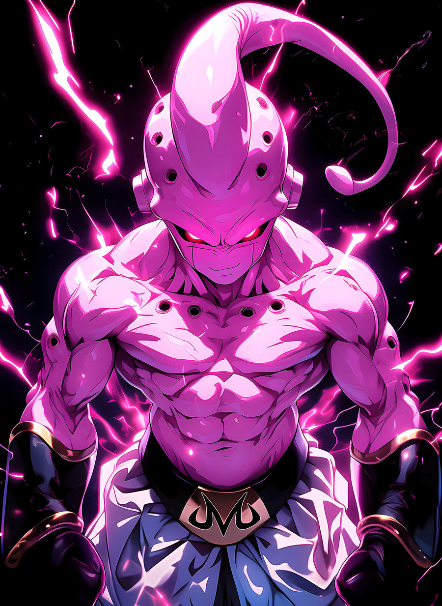 Majin Buu – In Violet - buu standing squarely in pink and violet light, on a metal wall art plate