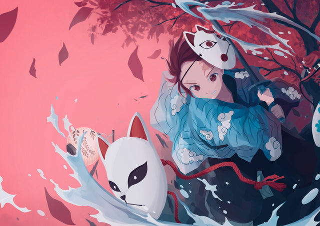 Makomo – Falling Petals - a masked figure in blue among falling petals and pink mist, on a metal wall art plate