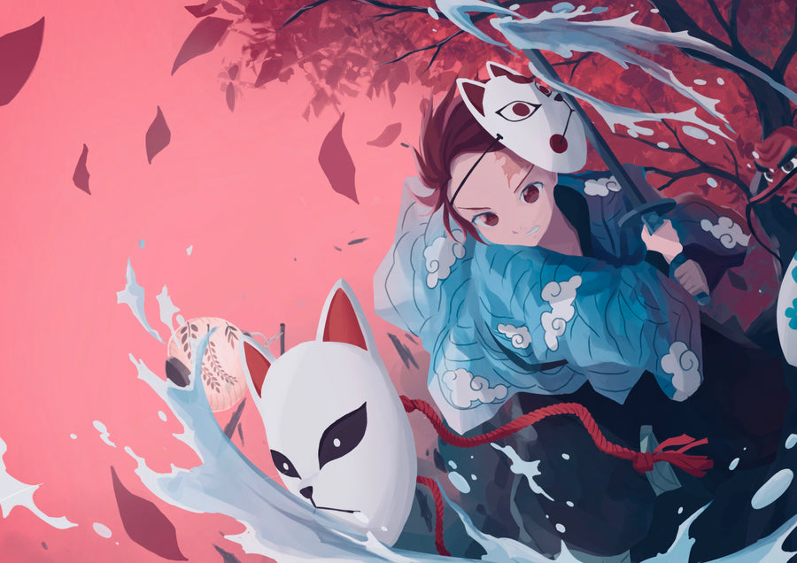 Makomo – Falling Petals - a masked figure in blue among falling petals and pink mist, on a metal wall art plate