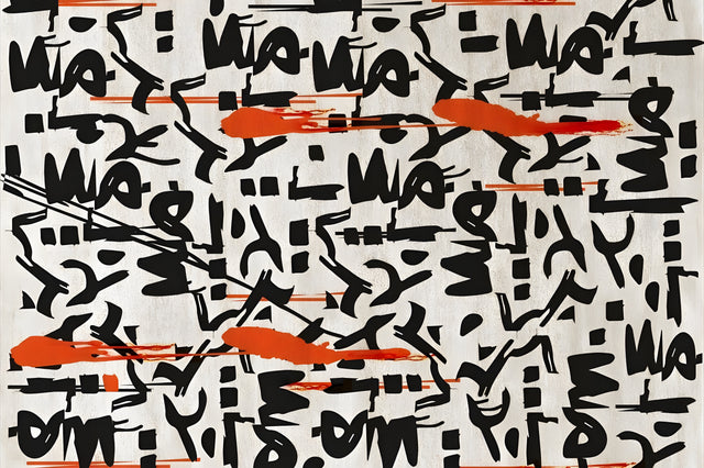Marks and Orange - rows of invented black characters across cream, cut through by bands of orange, on a metal wall art plate
