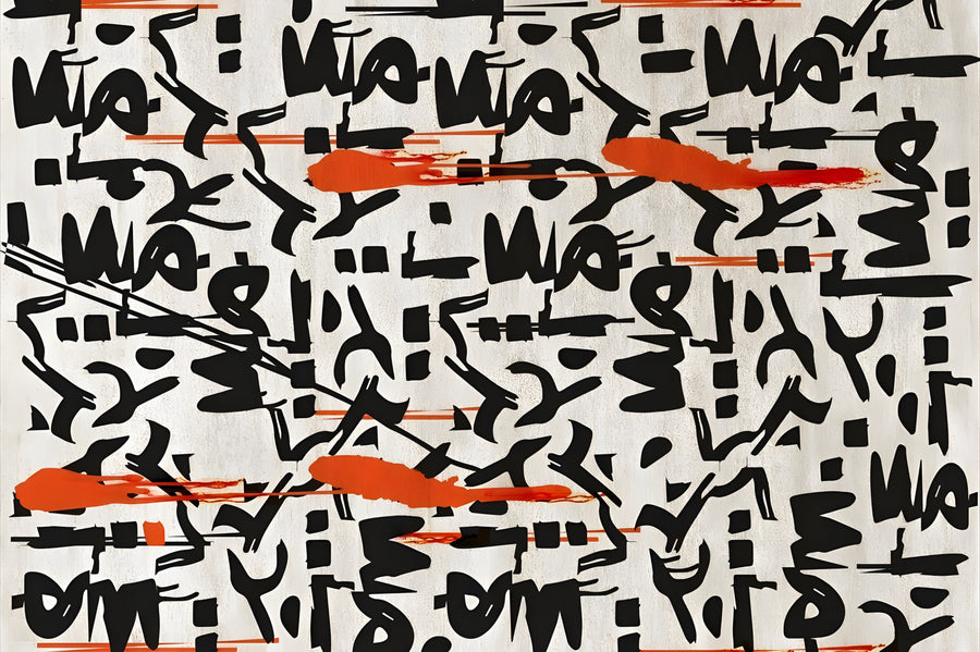 Marks and Orange - rows of invented black characters across cream, cut through by bands of orange, on a metal wall art plate