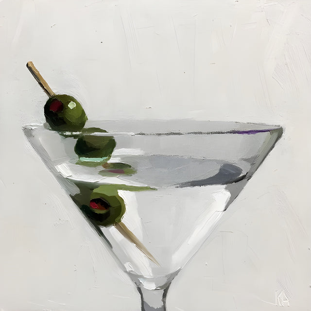 Martini - a martini glass and three olives painted loosely, the stem left half finished, on a metal wall art plate