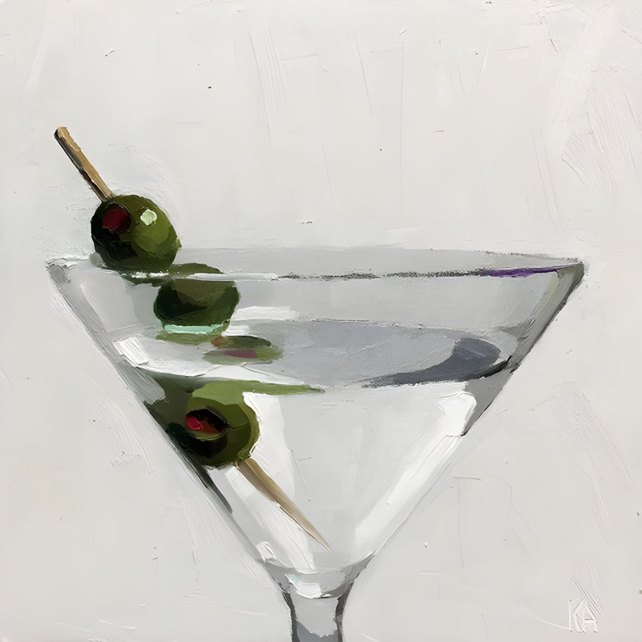 Martini - a martini glass and three olives painted loosely, the stem left half finished, on a metal wall art plate