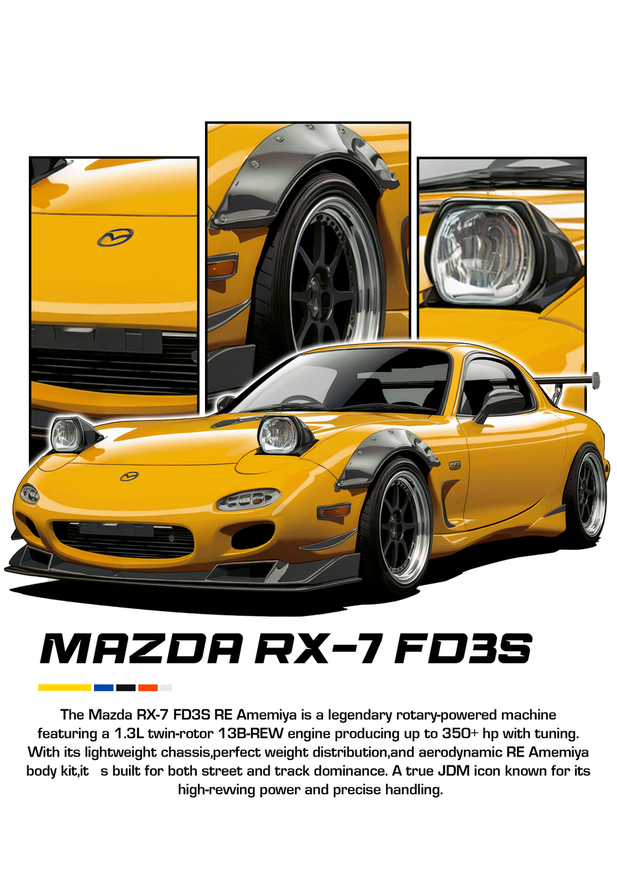 Mazda RX-7 FD3S - the Mazda RX-7 FD3S drawn as a tuner-style illustration in yellow, with cutaway panels above, on a metal wall art plate