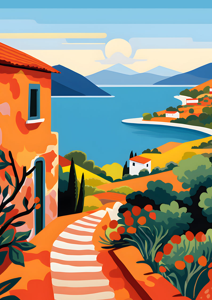 Mediterranean Coast - a sunlit coastal view is reimagined with bold flat shapes, orange architecture, blue water and layered green gardens