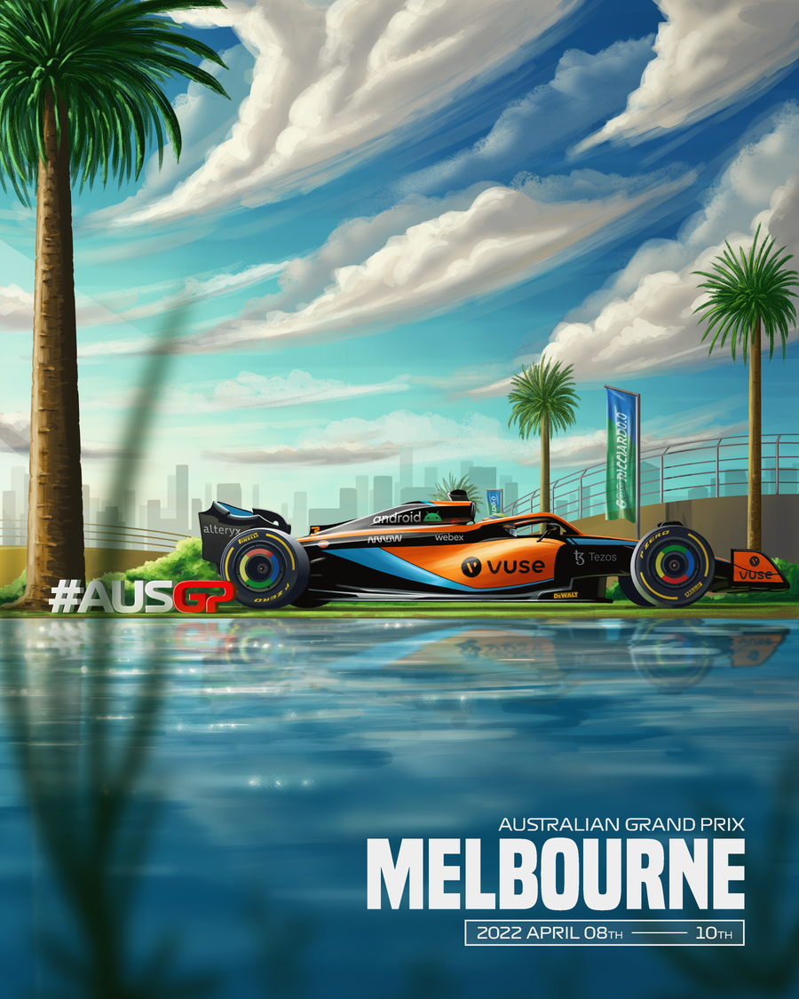Melbourne 2022 – Australian Grand Prix - an illustrated race poster for the Melbourne Australian Grand Prix 2022, McLaren — drawn in, on a metal wall art plate