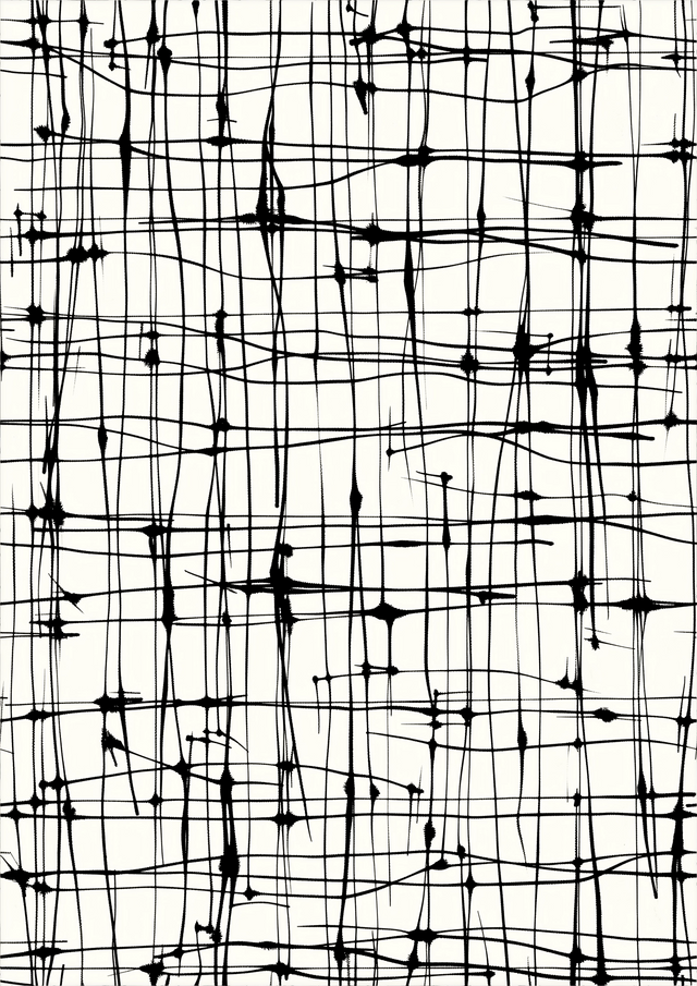 Mesh - a hand-drawn grid of crossing lines, knotted where they meet, filling the whole field, on a metal wall art plate