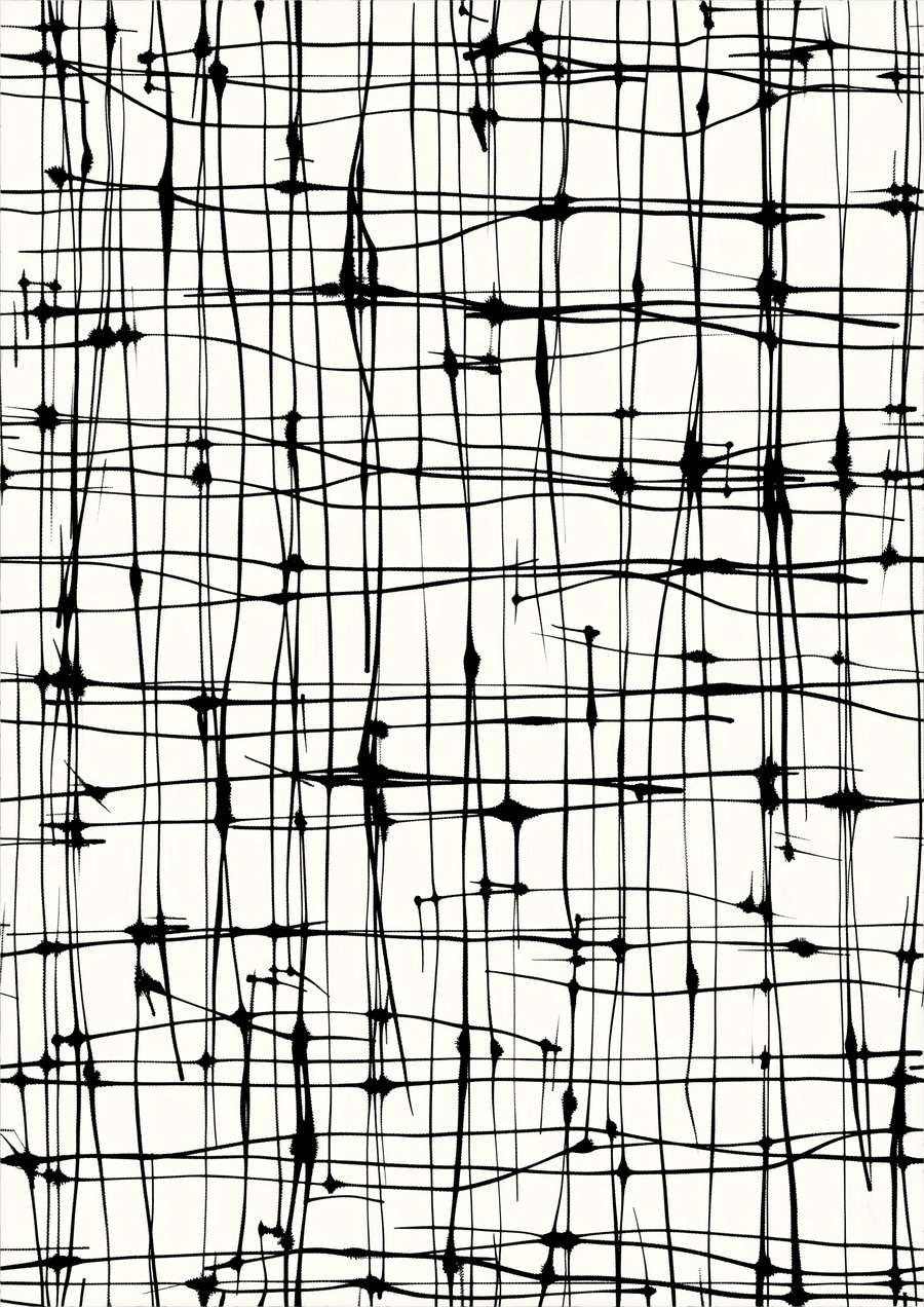 Mesh - a hand-drawn grid of crossing lines, knotted where they meet, filling the whole field, on a metal wall art plate