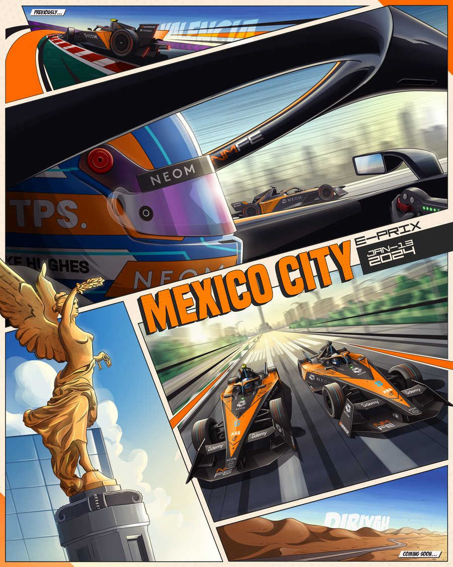 Mexico City E-Prix 2024 – Race Poster - an illustrated race poster for the Mexico City E-Prix 2024 — drawn in the graphic, flat-colour, on a metal wall art plate