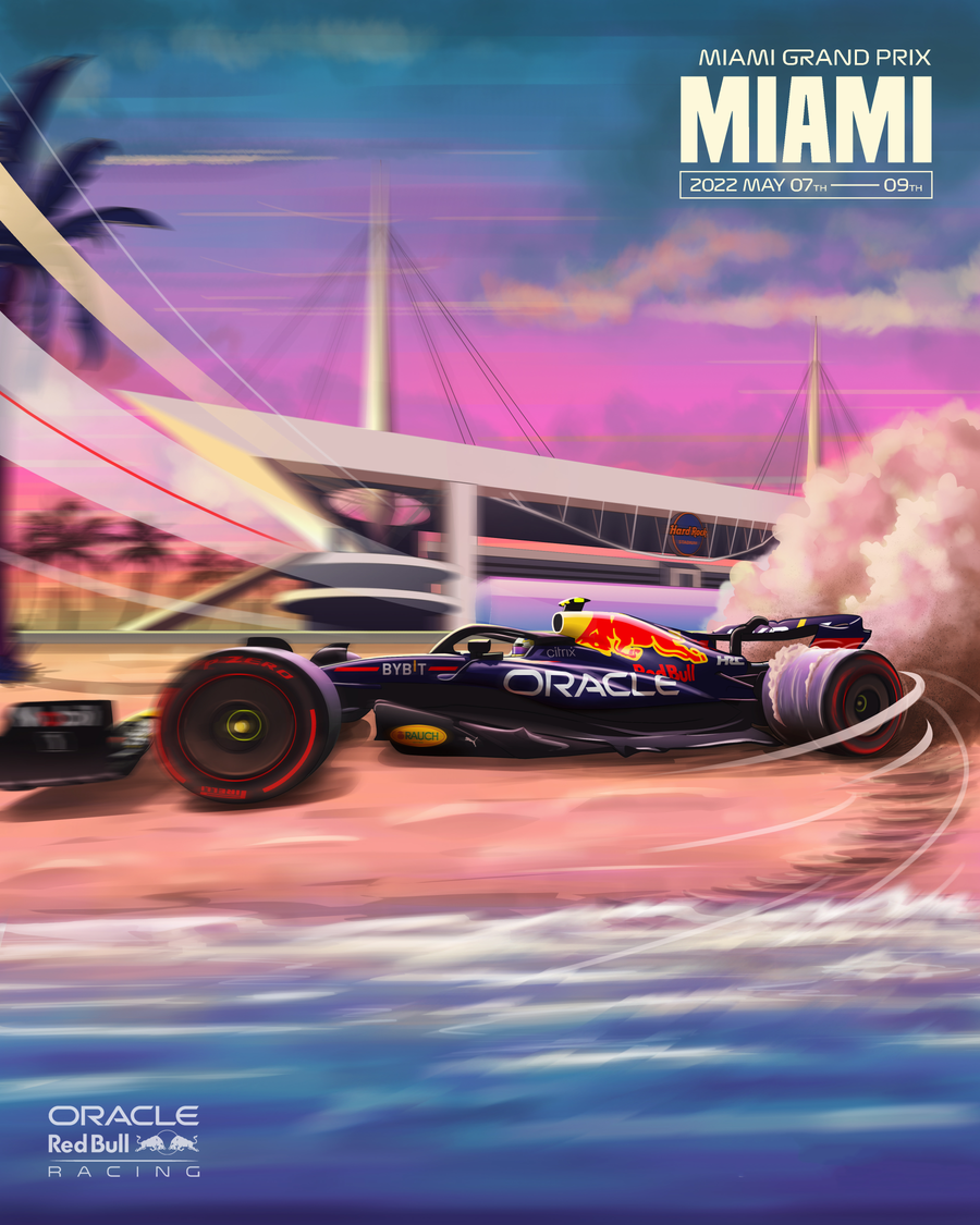 Miami Grand Prix 2022 – Race Poster - an illustrated race poster for the Miami Grand Prix 2022, Red Bull — drawn in the graphic, on a metal wall art plate