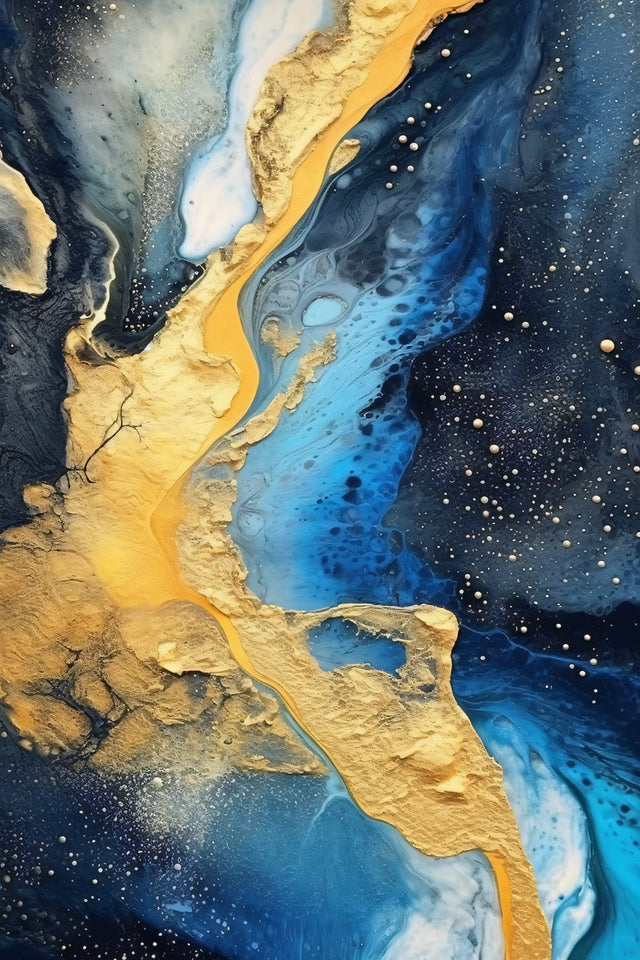 Midnight Gold Current - deep navy and luminous blue resin-like currents meet textured gold forms and scattered pale droplets, on a metal wall art plate