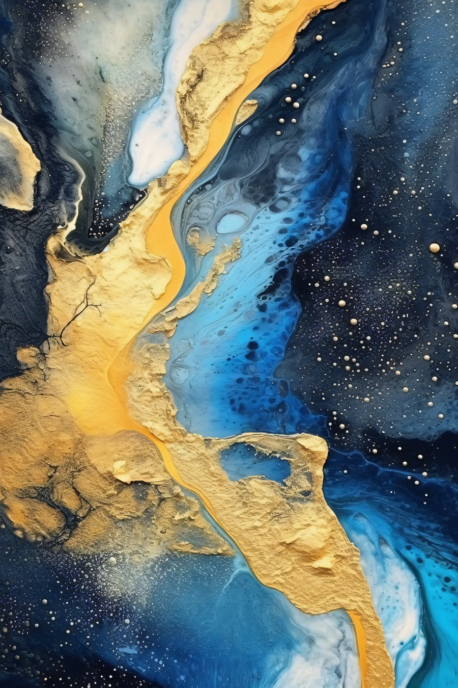 Midnight Gold Current - deep navy and luminous blue resin-like currents meet textured gold forms and scattered pale droplets, on a metal wall art plate