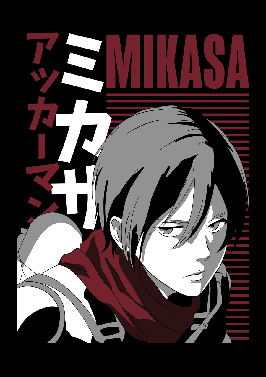 Mikasa Ackerman – In Violet - mikasa in flat greys with her name set large in magenta and Japanese script, on a metal wall art plate