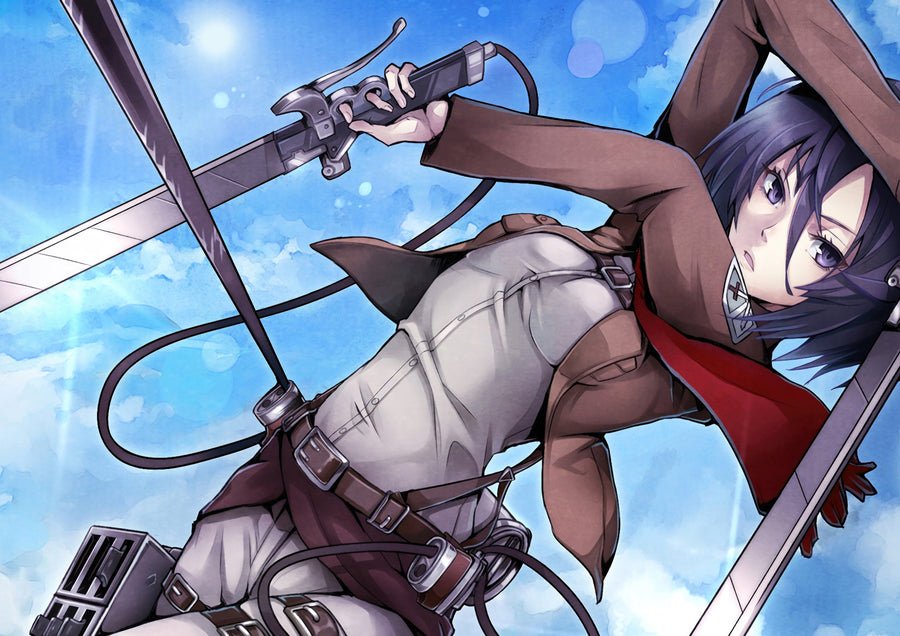 Mikasa Ackerman – ODM Gear - mikasa swinging in on ODM gear under a bright sky, on a metal wall art plate