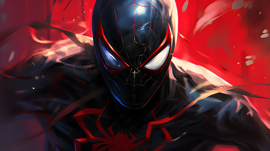 Miles Morales – Red Ground - the black and red suit against a flat red field, on a metal wall art plate