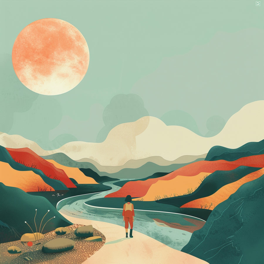 Mint Valley Journey - a lone traveller follows a winding river through layered green, orange and cream hills beneath an oversized peach moon