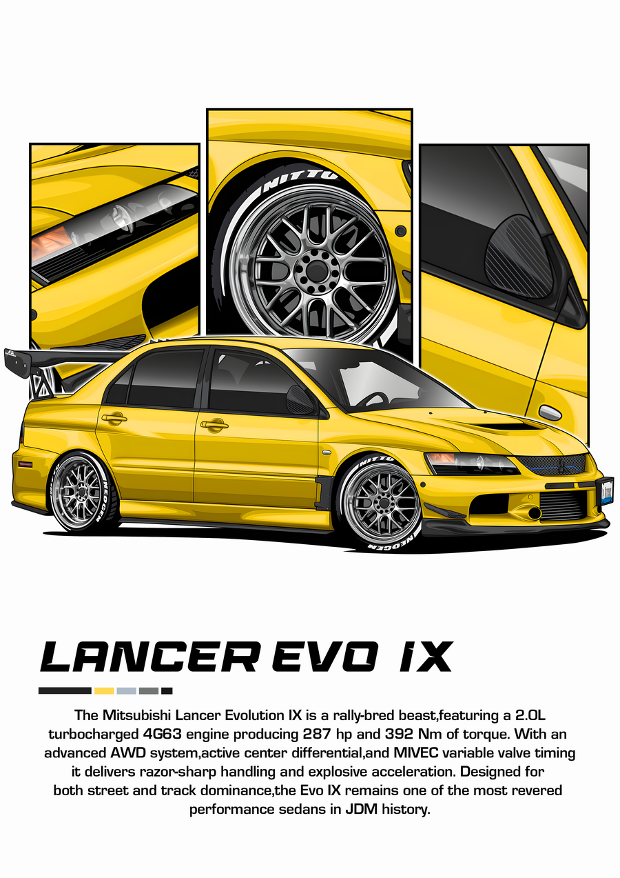 Mitsubishi Lancer Evolution IX - the Mitsubishi Lancer Evolution IX drawn as a tuner-style illustration in yellow, with cutaway, on a metal wall art plate