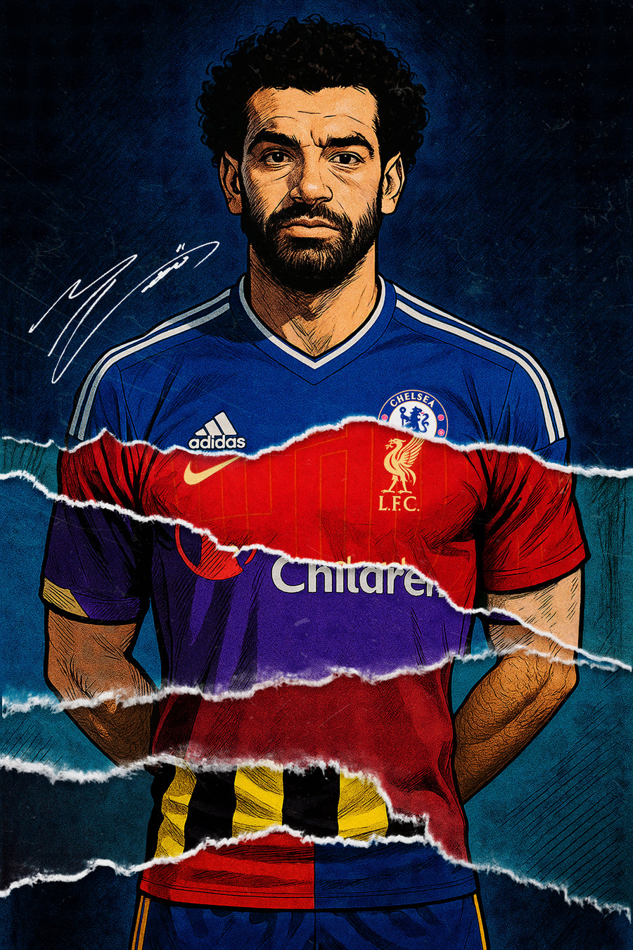 Mohamed Salah – Three Shirts - an illustrated portrait with three shirts torn through, the career read in the layers, on a metal wall art plate